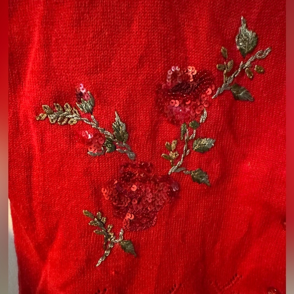 Sequin Beaded Embroidered Rose Red Cardigan Sweater Grannycore VTG Valentines Da - Picture 8 of 15